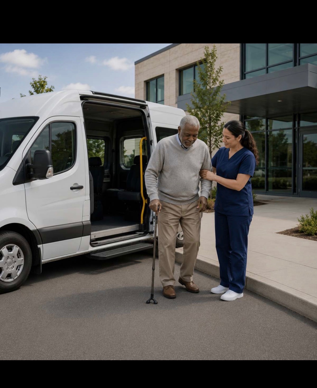 A caregiver supports an older adult beside an accessible van.